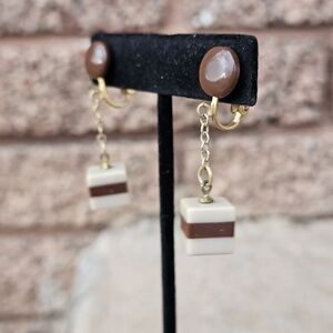 Unique Vintage Brown and Cream Clip On Earrings Dangle Chain Square 70s Retro